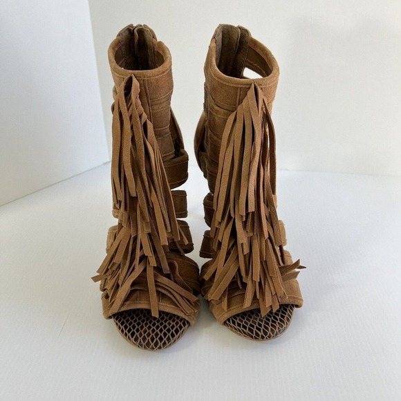 Gianni Bini Heels Boots Saleemah Womens size 7 Desert Brown Fringe open toe - Picture 2 of 9